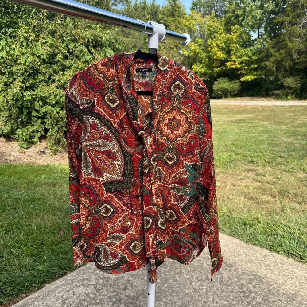 Premise Paisley Tie Neck Blouse Boho Modern Women Size M Red Orange Multicolor